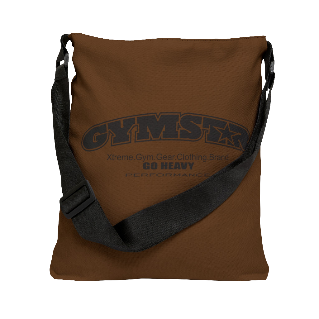 a brown tote bag with 'GYMSTAR' branding and a graphic Best Bodies design that includes a silhouette of a person lifting weights, back view