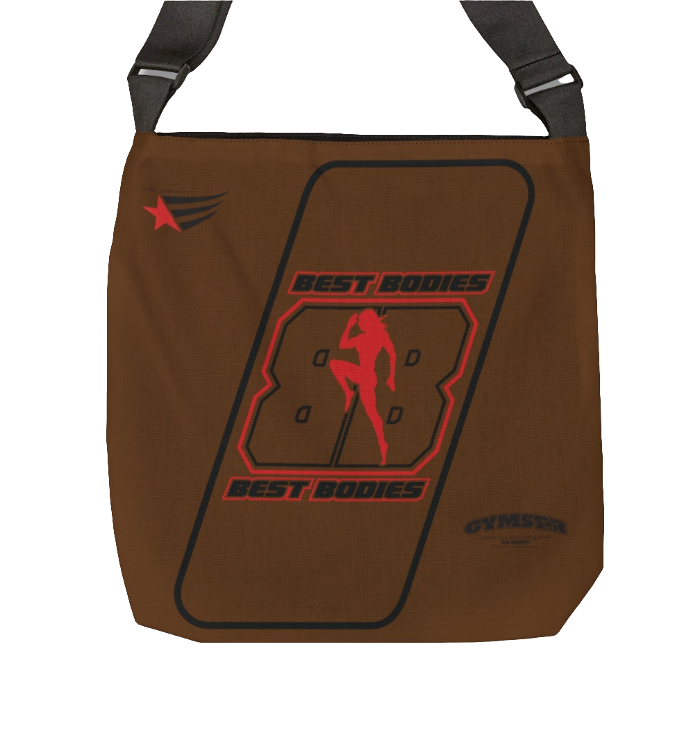  a brown tote bag with 'GYMSTAR' branding and a graphic Best Bodies design that includes a silhouette of a person lifting weights.