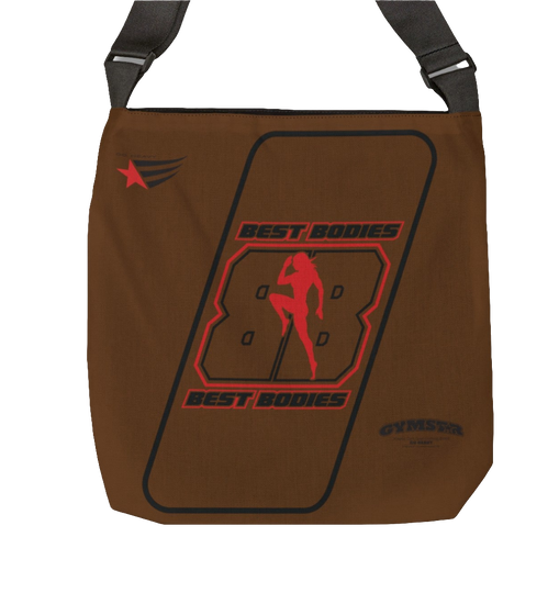  a brown tote bag with 'GYMSTAR' branding and a graphic Best Bodies design that includes a silhouette of a person lifting weights.