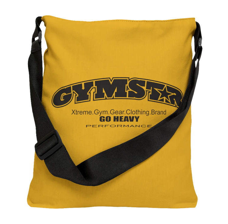 An yelow GYMSTAR branded adjustable tote bag with a black strap and black interior lining, designed for fitness and gym best bodies activities bac side view.