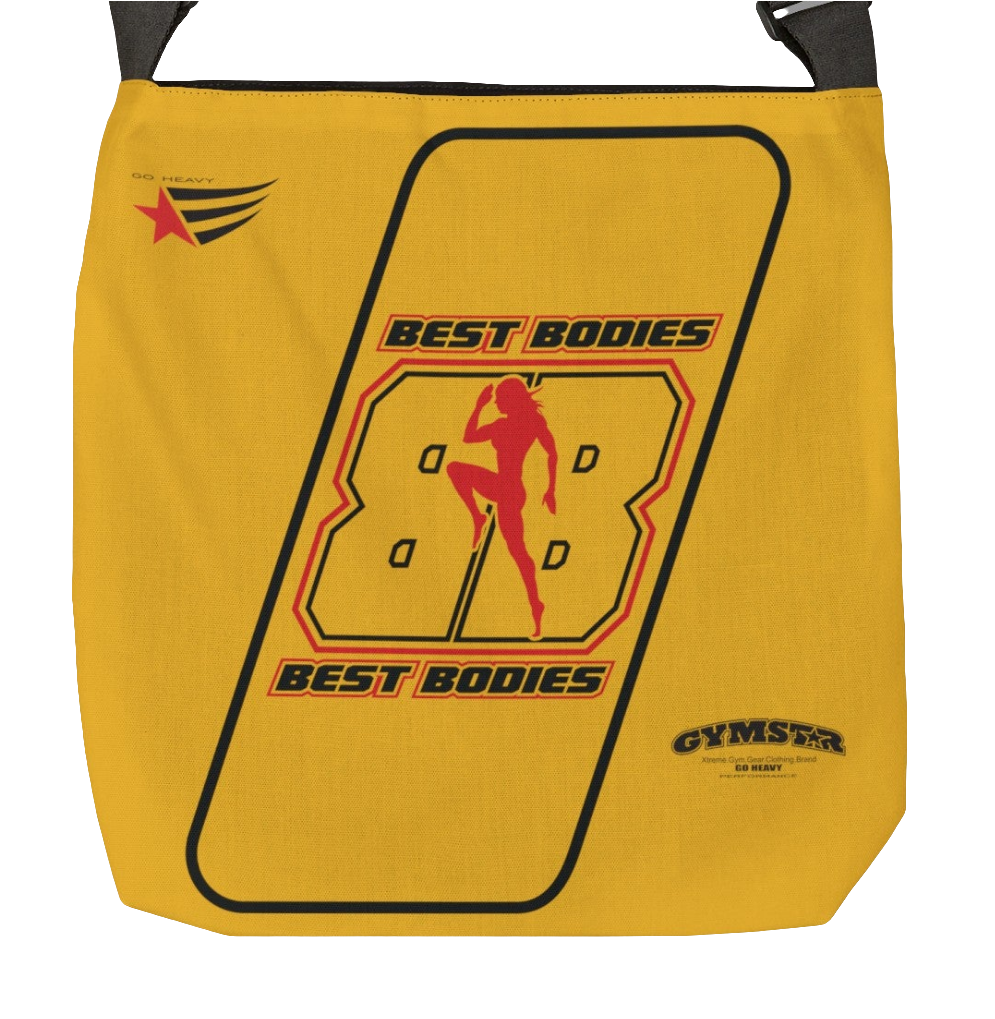 An yelow GYMSTAR branded adjustable tote bag with a black strap and black interior lining, designed for fitness and gym best bodies activities.