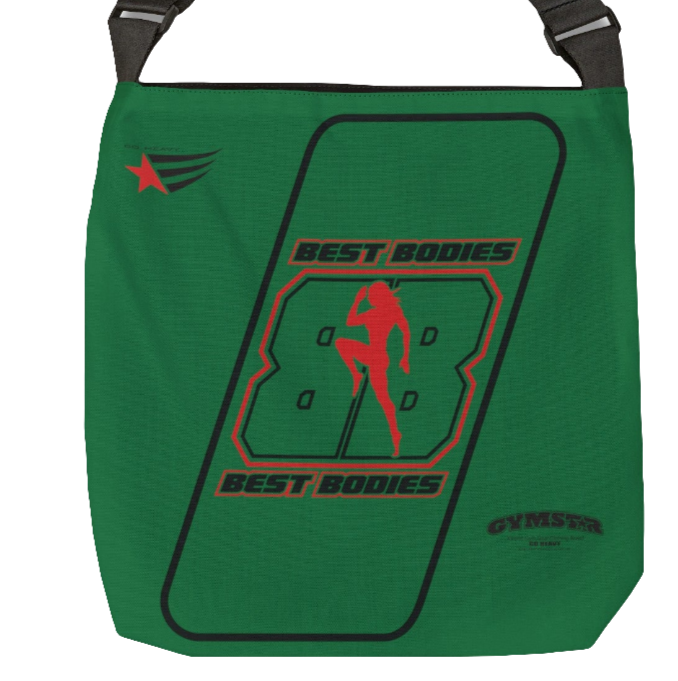 A green tote bag with 'Best Bodies' text and a silhouette of a person doing a push-up, along with the Gymstar logo.
