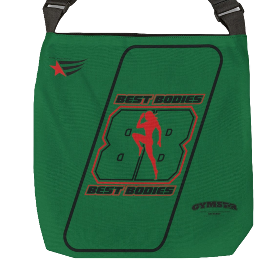 A green tote bag with 'Best Bodies' text and a silhouette of a person doing a push-up, along with the Gymstar logo.