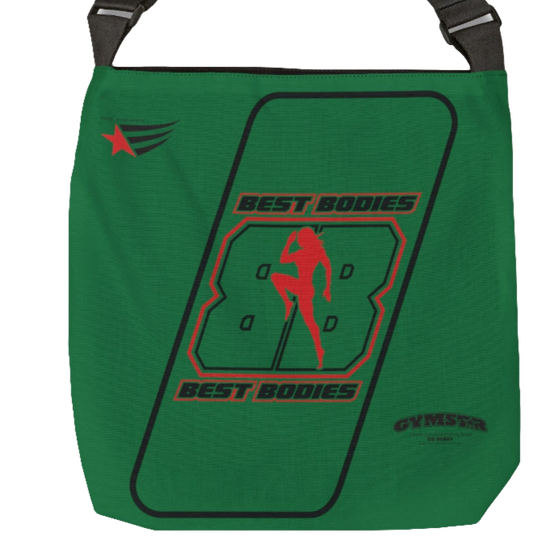 A green tote bag with 'Best Bodies' text and a silhouette of a person doing a push-up, along with the Gymstar logo.