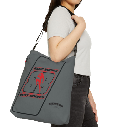 woman wear a grey sports bag gymstar brandet with Berst Bodies design and gymsar logo 
