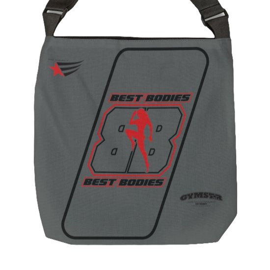 a grey sports bag gymstar brandet with Berst Bodies design and gymsar logo 