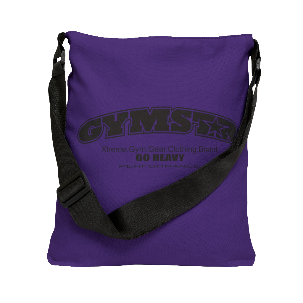 A  purple tote bag with a 'GYMSTAR' logo back side view.
