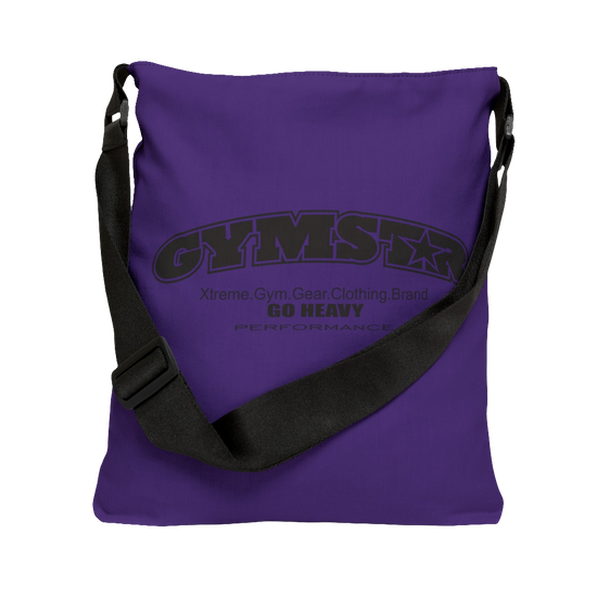 A  purple tote bag with a 'GYMSTAR' logo back side view.