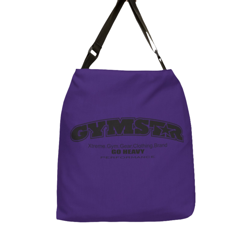 A  purple tote bag with a 'GYMSTAR' logo back side view.