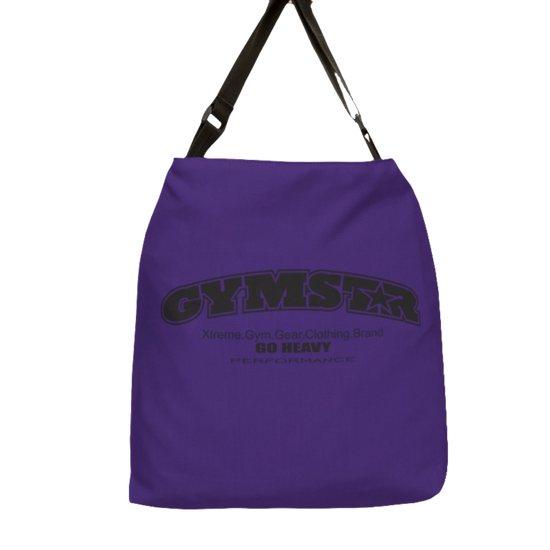 A  purple tote bag with a 'GYMSTAR' logo back side view.