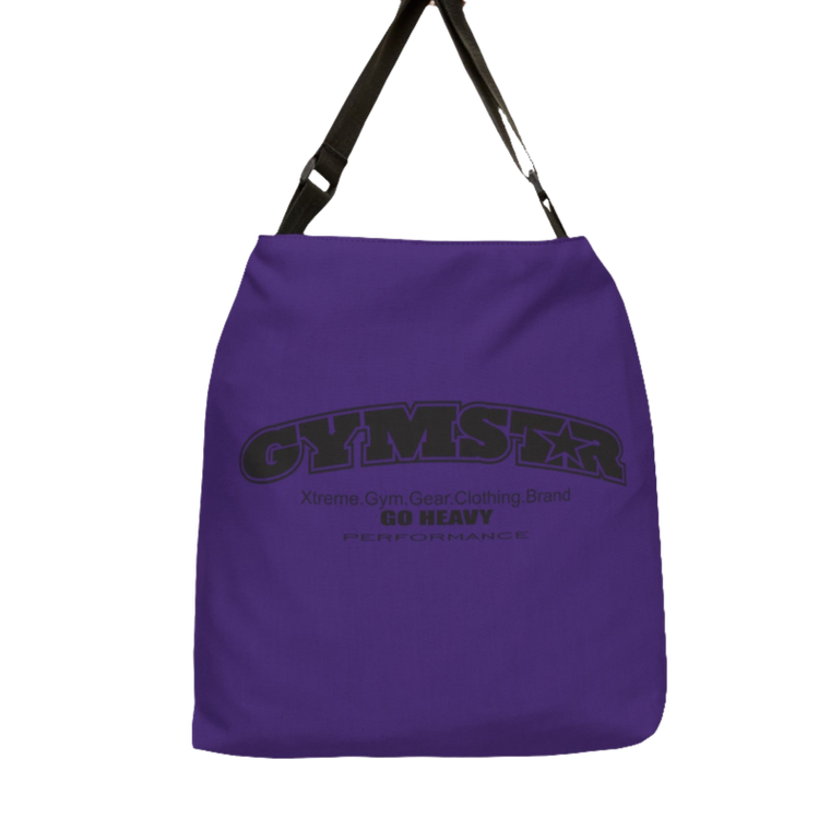 A  purple tote bag with a 'GYMSTAR' logo back side view.