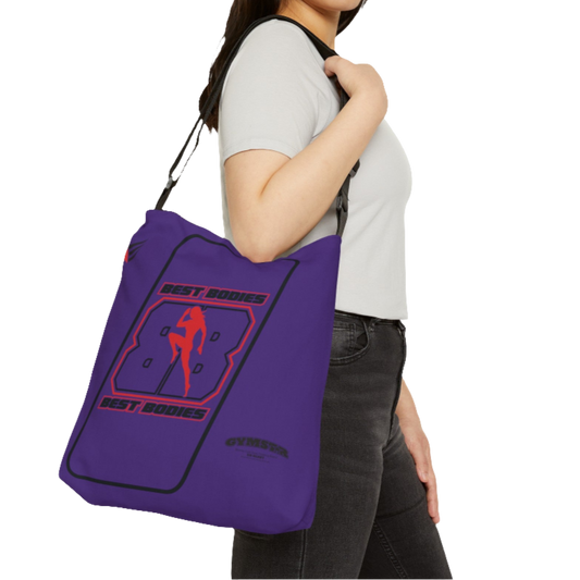A woman holding a purple tote bag with a 'GYMSTAR' logo and a silhouette of a person doing push-ups on the front.