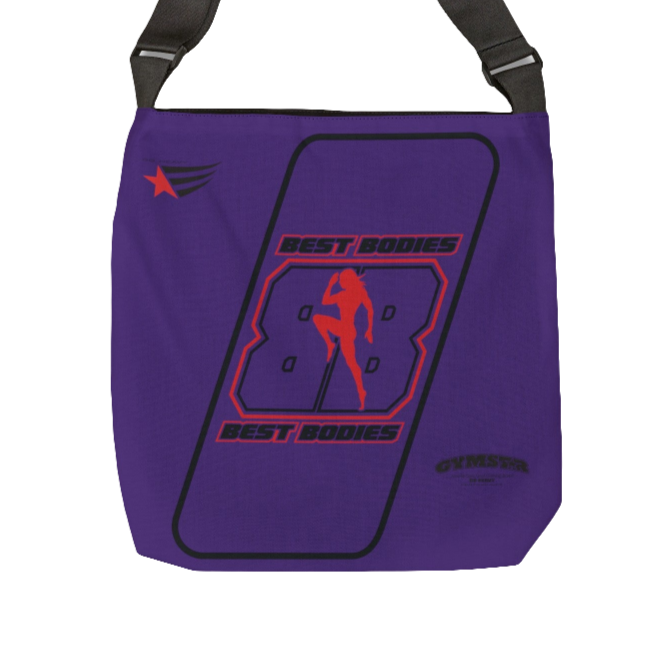 A  purple tote bag with a 'GYMSTAR' logo and a silhouette of a person doing push-ups on the front.