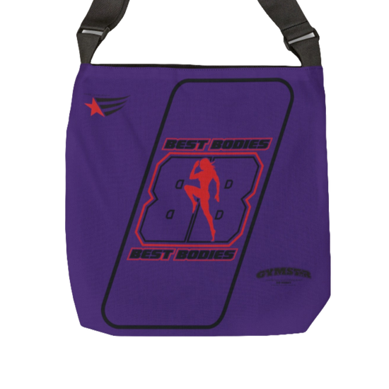 A  purple tote bag with a 'GYMSTAR' logo and a silhouette of a person doing push-ups on the front.