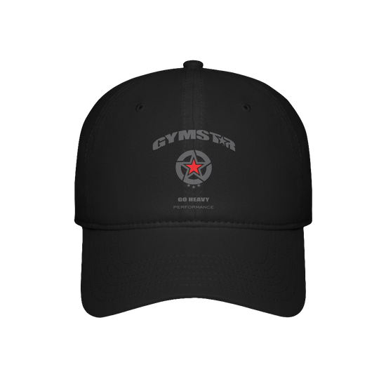 Baseball, black Gymstar hat, suitable for sports, running and fitness, branded with the Gymstar logo.