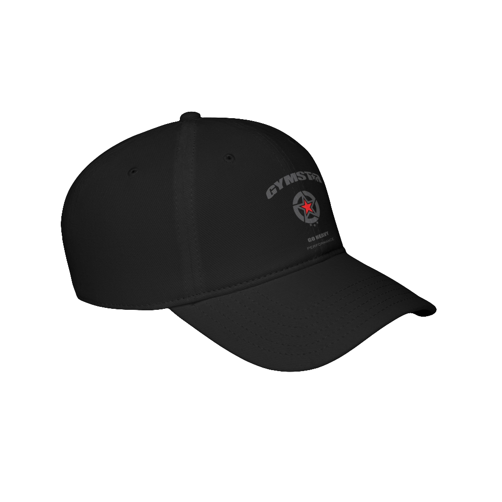 A black Gymstar Fitness baseball cap with a structured design and a logo on the front.