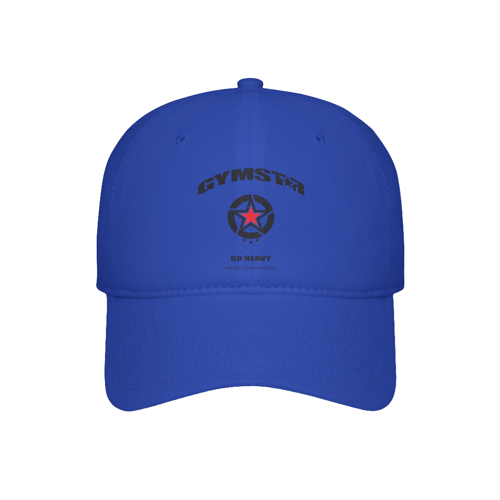 A blue Gymstar Fitness baseball cap with a structured design and a logo on the front.