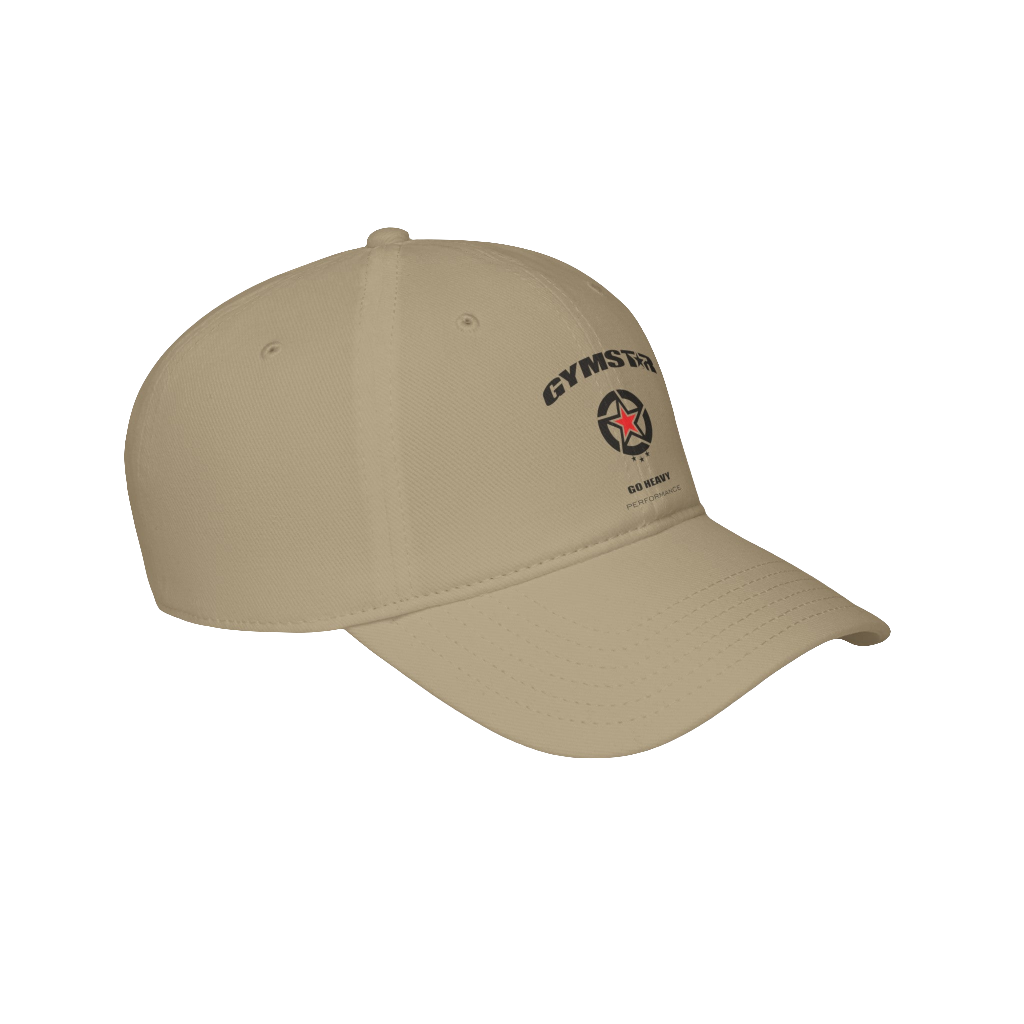 A beige Gymstar Fitness baseball cap with a structured design and a logo on the front.