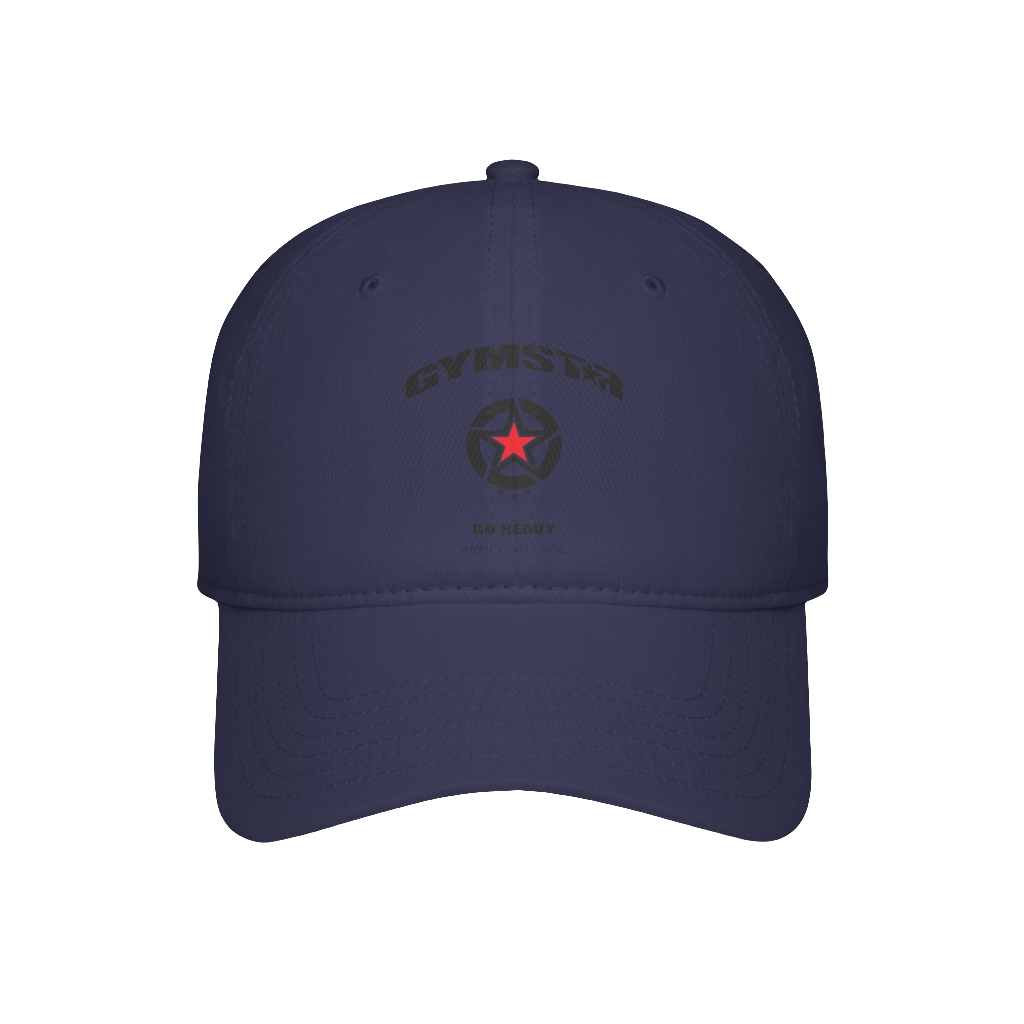 Baseball, navy blue Gymstar hat, suitable for sports, running and fitness, branded with the Gymstar logo.