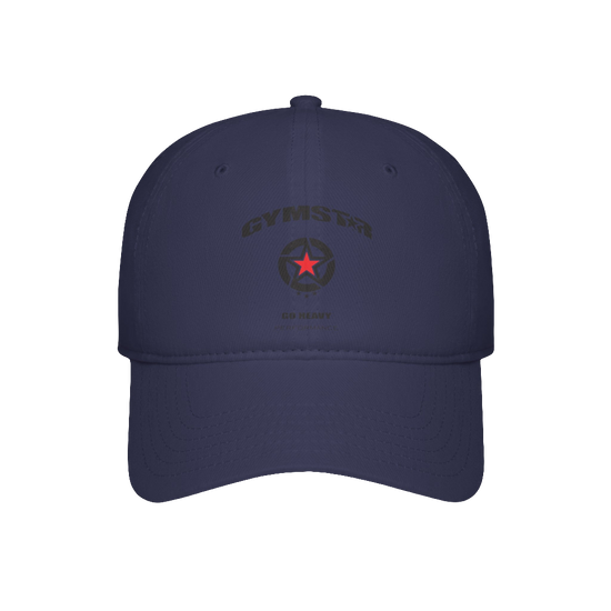 Baseball, navy blue Gymstar hat, suitable for sports, running and fitness, branded with the Gymstar logo.