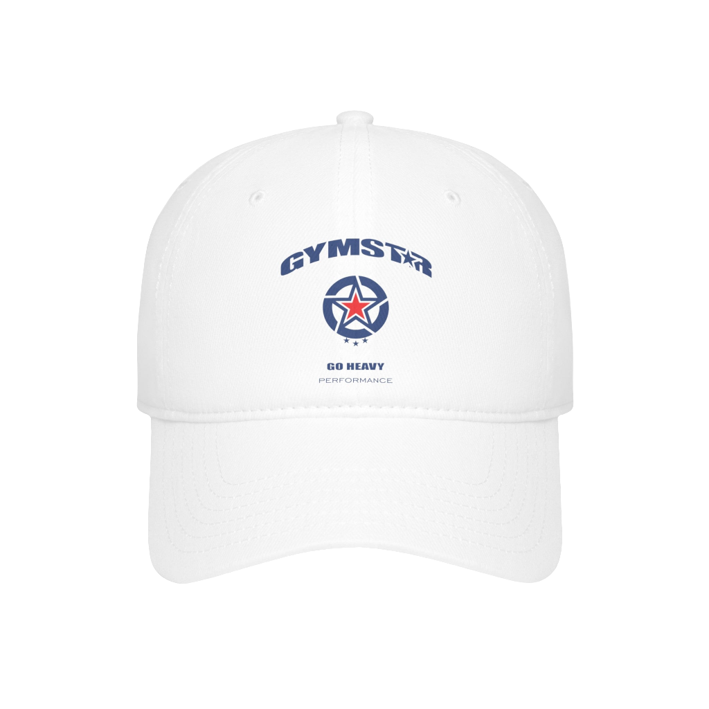 Baseball, white Gymstar hat, suitable for sports, running and fitness, branded with the Gymstar logo.