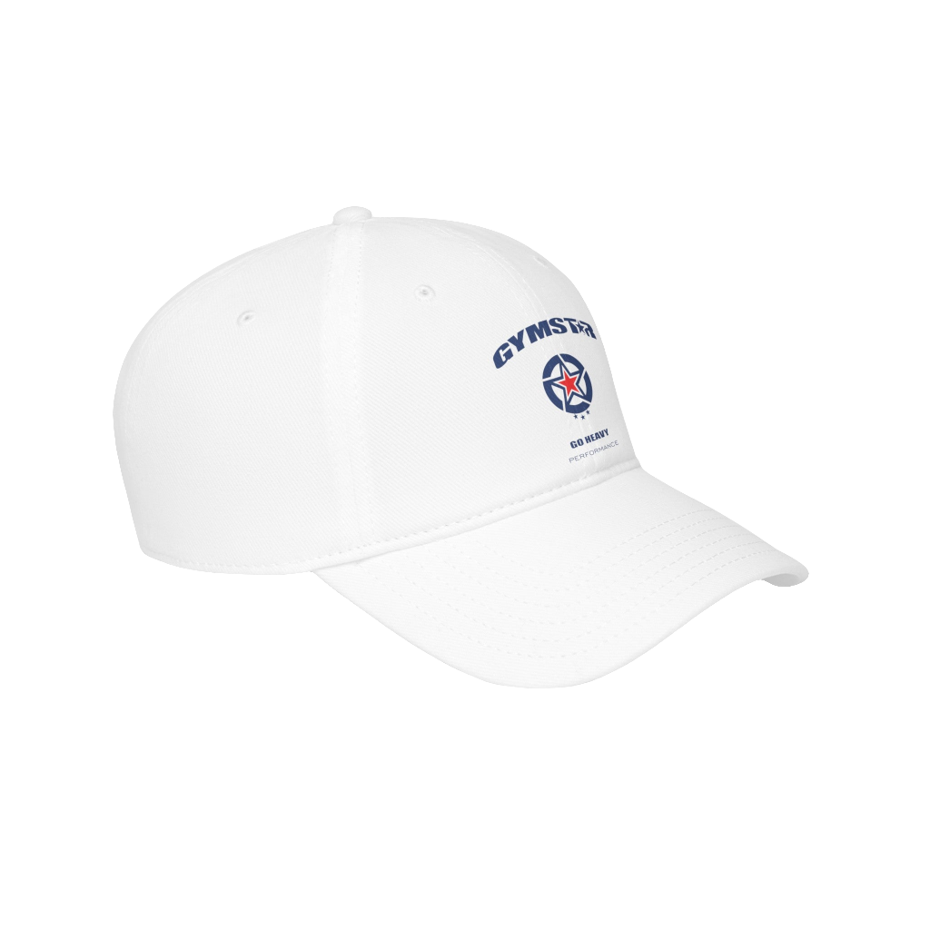 A white Gymstar Fitness baseball cap with a structured design and a logo on the front.