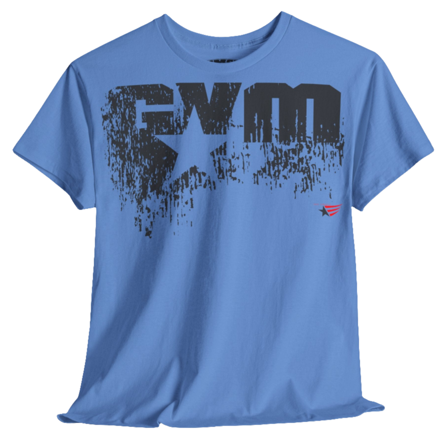 A carolina blue Gymstar t-shirt with the text 'GYM' printed on the front, along with graphics of a weightlifter and dumbbells. Front view.