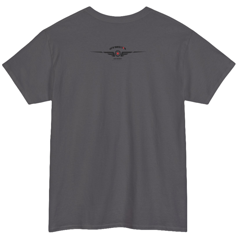 A sport grey Gymstar t-shirt with the text 'I WANT YOU' printed on the front, along with graphics of a weightlifter and dumbbells. Rear view.