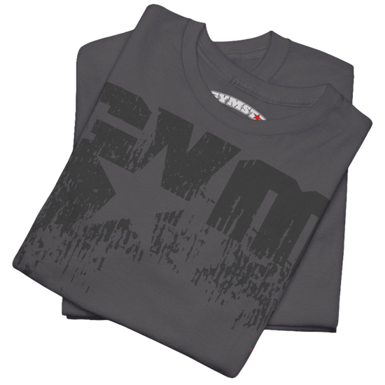 A sport grey Gymstar t-shirt with the text 'GYM' printed on the front, along with graphics of a weightlifter and dumbbells. Close up front view.
