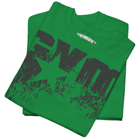 A green Gymstar t-shirt with the text 'GYM' printed on the front, along with graphics of a weightlifter and dumbbells. Close up front view.