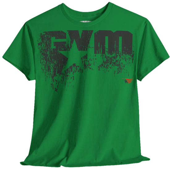 A green Gymstar t-shirt with the text 'GYM' printed on the front, along with graphics of a weightlifter and dumbbells. Front view.