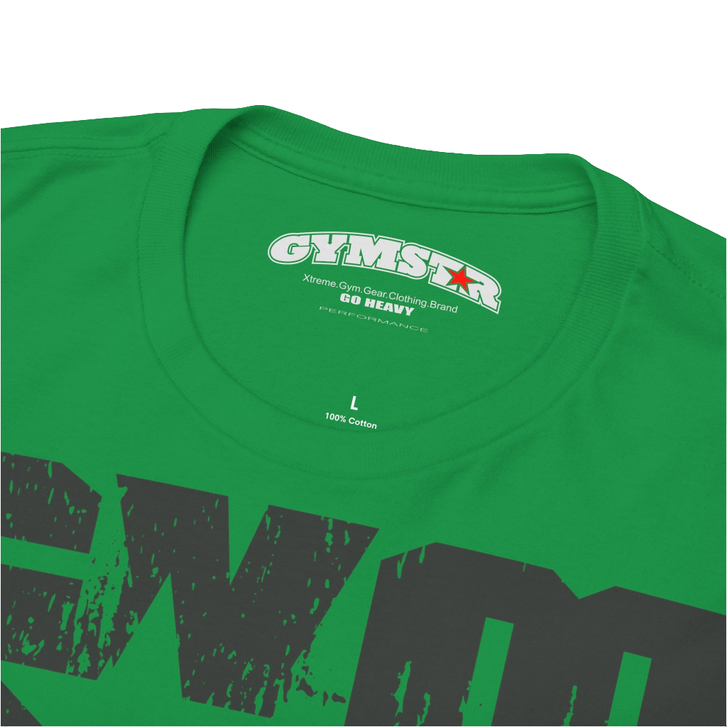A green Gymstar t-shirt with the text 'GYM' printed on the front, along with graphics of a weightlifter and dumbbells. Close up  view.