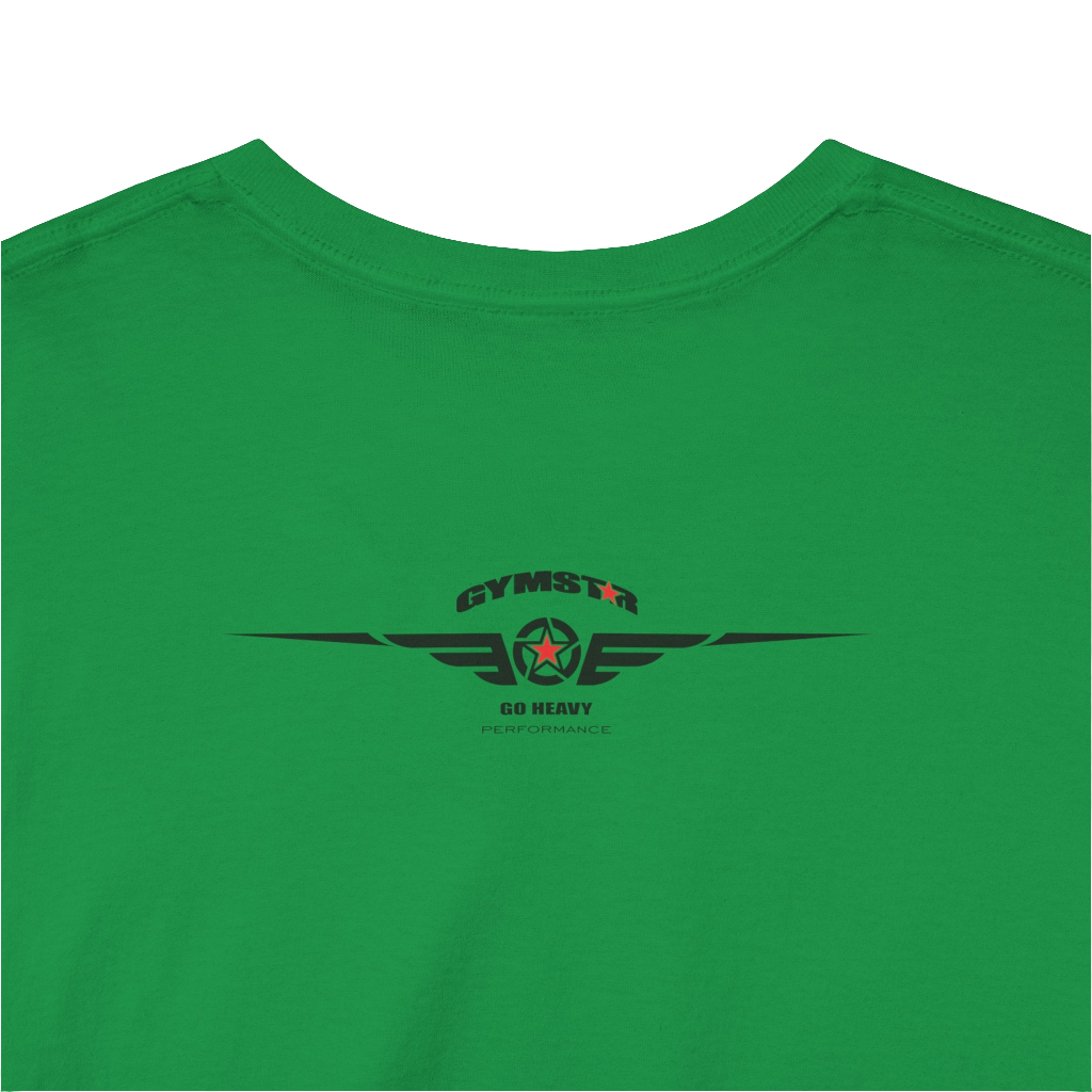 A greenGymstar t-shirt with the text 'I WANT YOU' printed on the front, along with graphics of a weightlifter and dumbbells. Rear close up view.