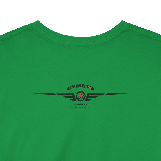 A greenGymstar t-shirt with the text 'I WANT YOU' printed on the front, along with graphics of a weightlifter and dumbbells. Rear close up view.
