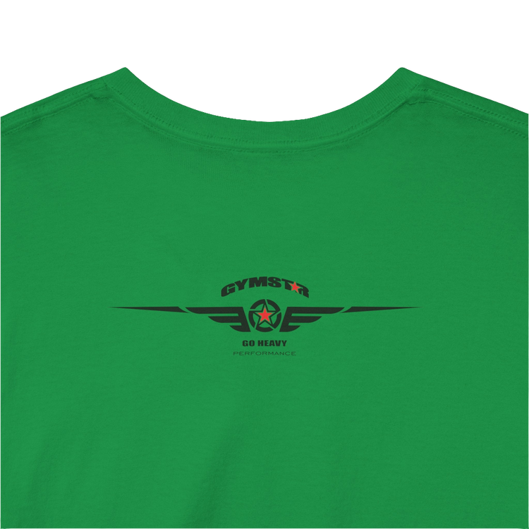 A greenGymstar t-shirt with the text 'I WANT YOU' printed on the front, along with graphics of a weightlifter and dumbbells. Rear close up view.