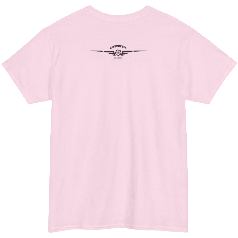 A pink Gymstar t-shirt with the text 'GYM' printed on the front, along with graphics of a weightlifter and dumbbells. Rear view.