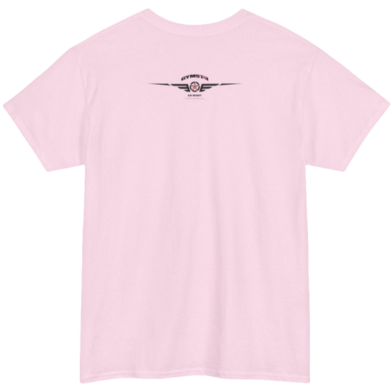 A pink Gymstar t-shirt with the text 'GYM' printed on the front, along with graphics of a weightlifter and dumbbells. Rear view.