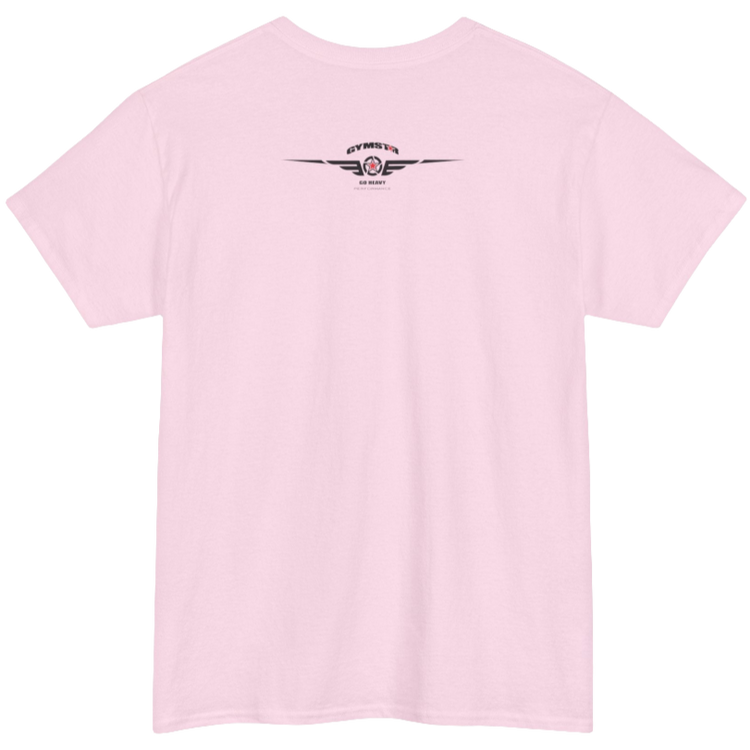 A pink Gymstar t-shirt with the text 'GYM' printed on the front, along with graphics of a weightlifter and dumbbells. Rear view.