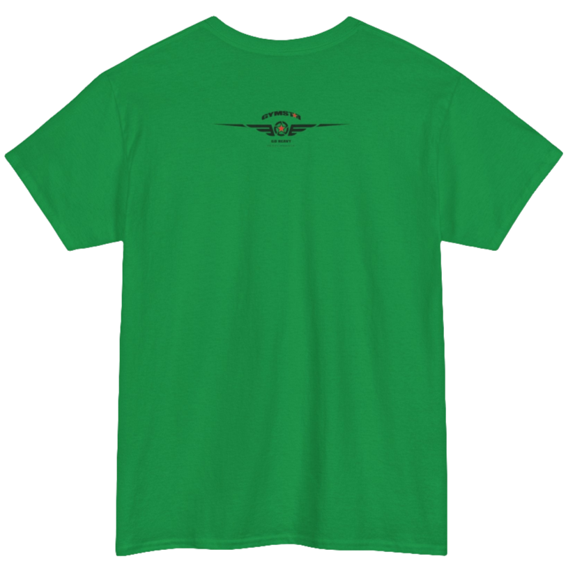 A green Gymstar t-shirt with the text 'I WANT YOU' printed on the front, along with graphics of a weightlifter and dumbbells. Rear view.