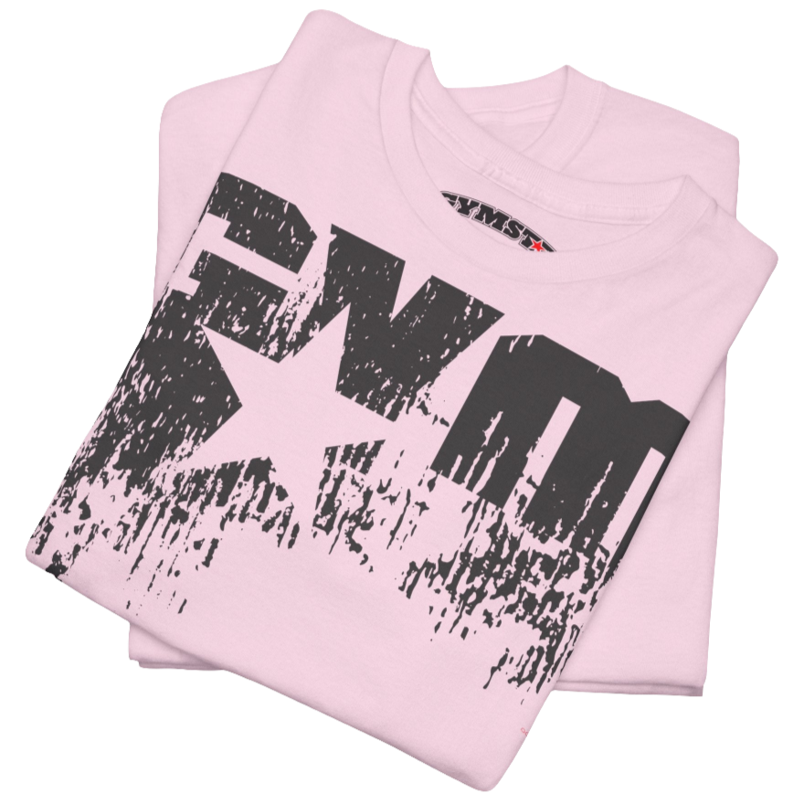 A pink Gymstar t-shirt with the text 'GYM' printed on the front, along with graphics of a weightlifter and dumbbells. Close up front view.