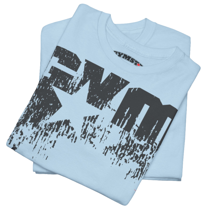 A carolina blue Gymstar t-shirt with the text 'GYM' printed on the front, along with graphics of a weightlifter and dumbbells. Close up front view.