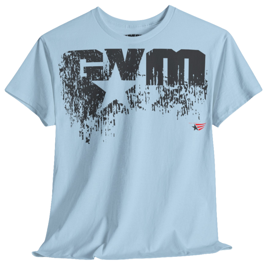A carolina blue Gymstar t-shirt with the text 'GYM' printed on the front, along with graphics of a weightlifter and dumbbells. front view.