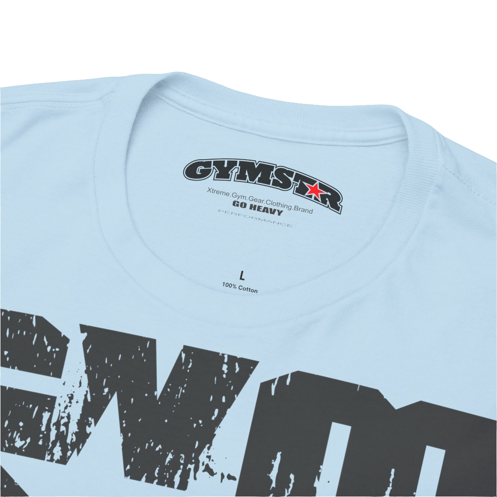 A carolina blue Gymstar t-shirt with the text 'GYM' printed on the front, along with graphics of a weightlifter and dumbbells. Close up  view.