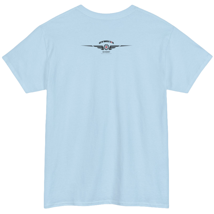 A carolina blue Gymstar t-shirt with the text 'GYM' printed on the front, along with graphics of a weightlifter and dumbbells.  front view.