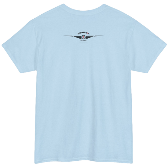 A carolina blue Gymstar t-shirt with the text 'GYM' printed on the front, along with graphics of a weightlifter and dumbbells.  front view.