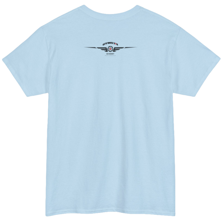 A carolina blue Gymstar t-shirt with the text 'GYM' printed on the front, along with graphics of a weightlifter and dumbbells.  front view.