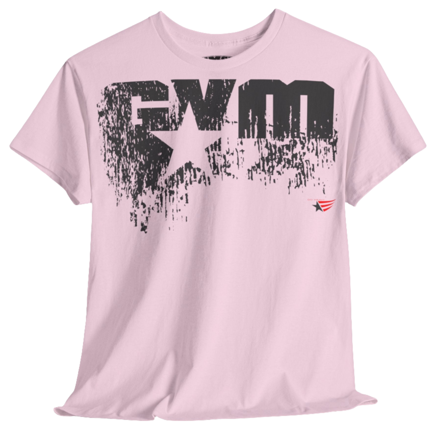 A pink Gymstar t-shirt with the text 'GYM' printed on the front, along with graphics of a weightlifter and dumbbells. front view.
