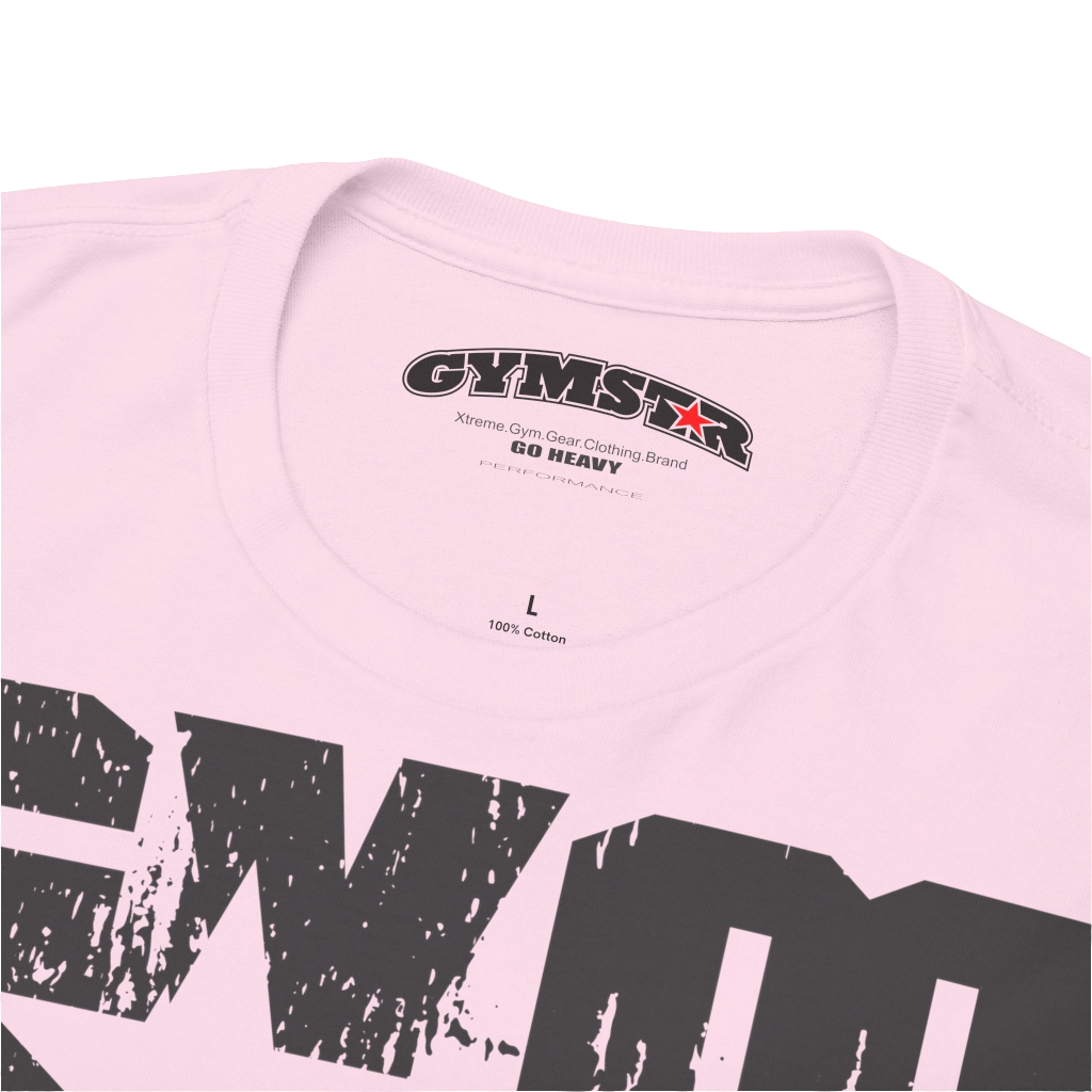 A pink Gymstar t-shirt with the text 'GYM' printed on the front, along with graphics of a weightlifter and dumbbells. Close up view.