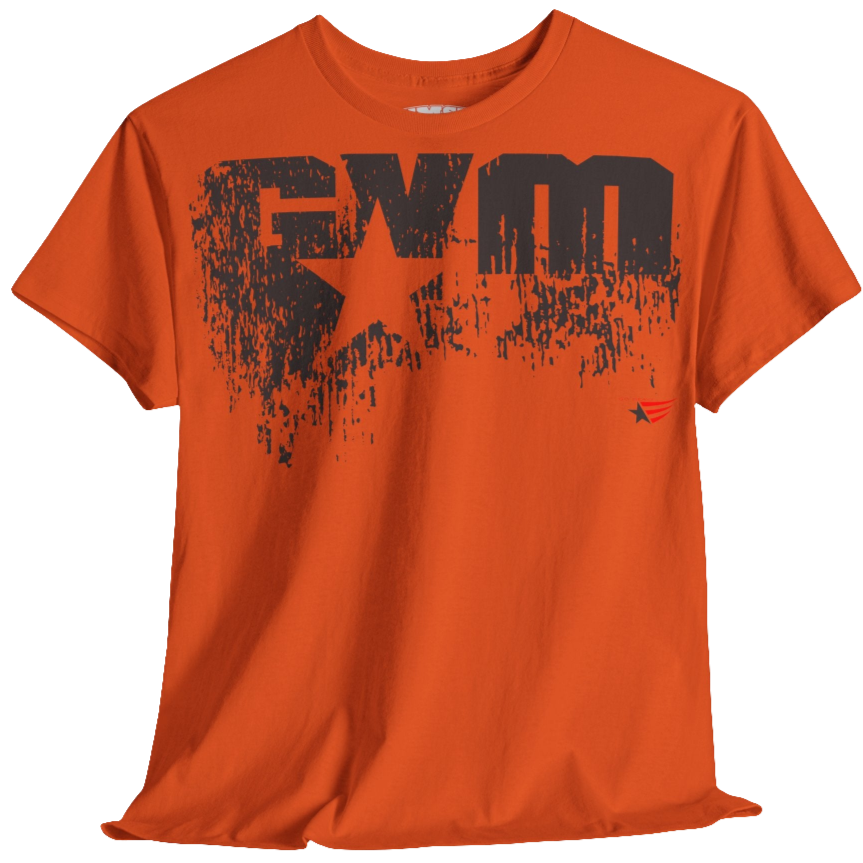 A orange Gymstar t-shirt with the text 'GYM' printed on the front, along with graphics of a weightlifter and dumbbells.  front view.