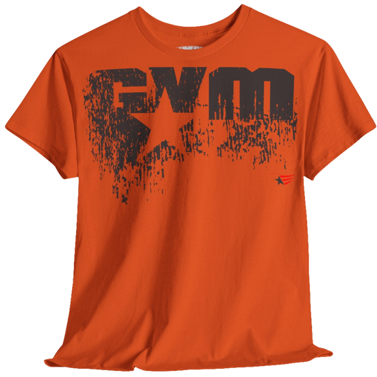 A orange Gymstar t-shirt with the text 'GYM' printed on the front, along with graphics of a weightlifter and dumbbells.  front view.